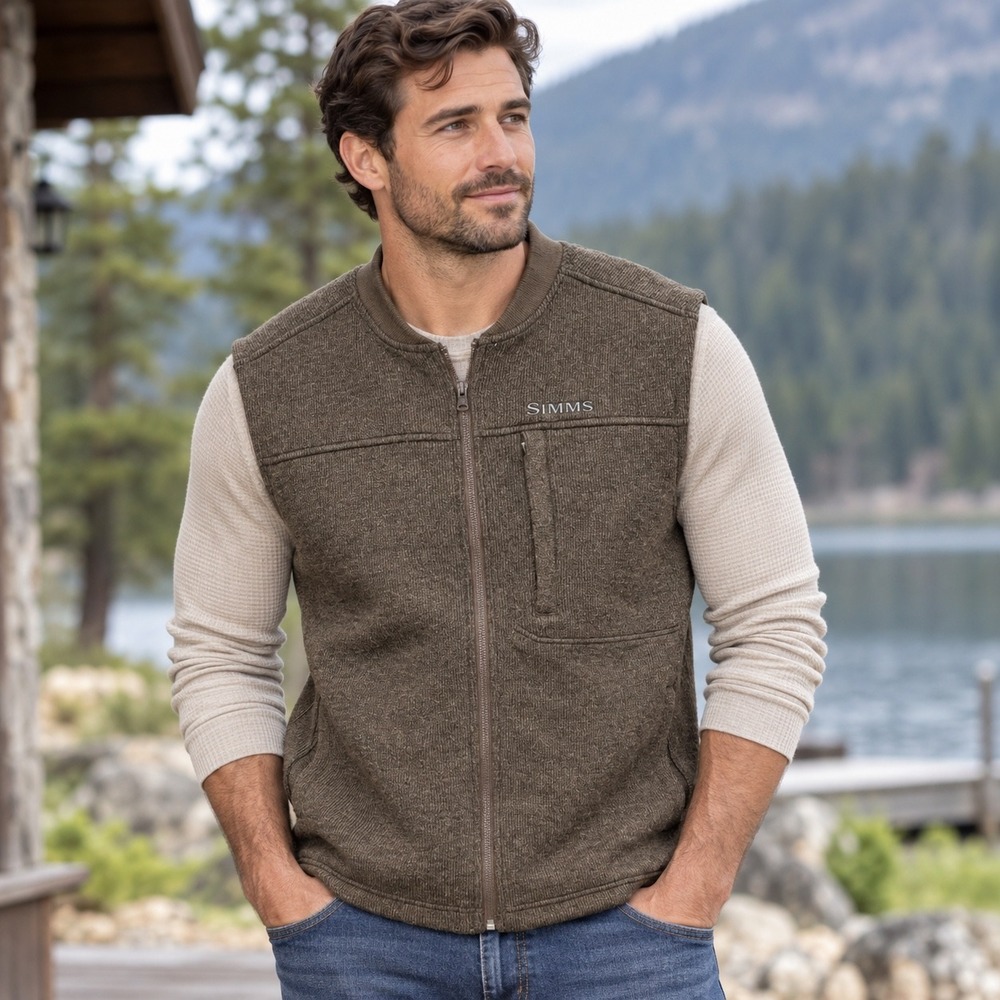 Simms Full Zip Fleece Vest Mens Medium Brown Excellent Wool Blend Sweater Knit